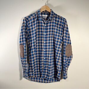 Zara Man Slim Fit Gingham Button Up Shirt Elbow Patches Size Medium